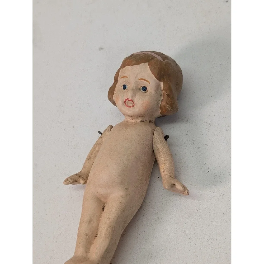 Vintage Composition Girl Play‎ Doll Nude Brown Wavy Hair Blue Eyes Marked Back